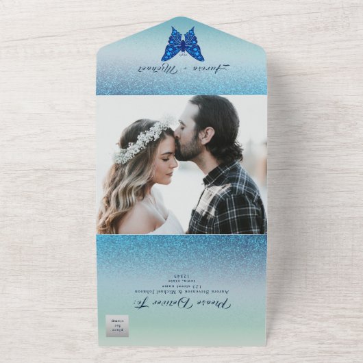 Elegante Silver Blue Butterfly Wedding All In One Einladung (Außenbereich)