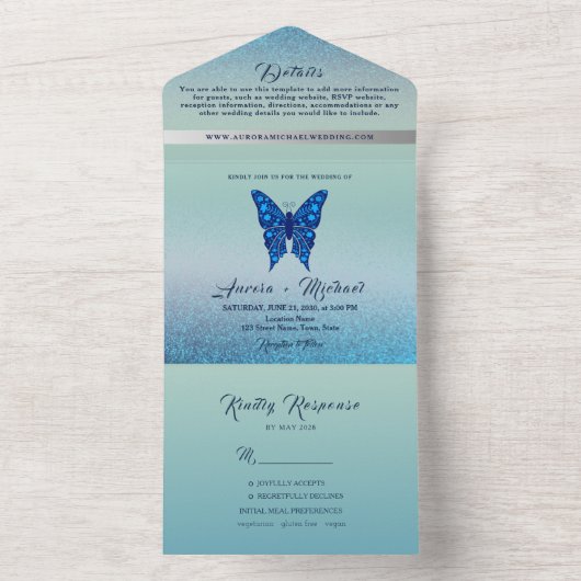 Elegante Silver Blue Butterfly Wedding All In One Einladung (Innen Boden)