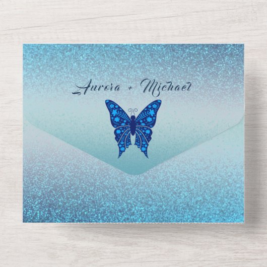 Elegante Silver Blue Butterfly Wedding All In One Einladung (Rückseite)