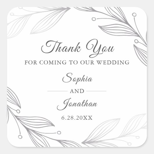 Elegante Silver Botanical Blätter Hochzeit Vielen  Quadratischer Aufkleber (Vorderseite)