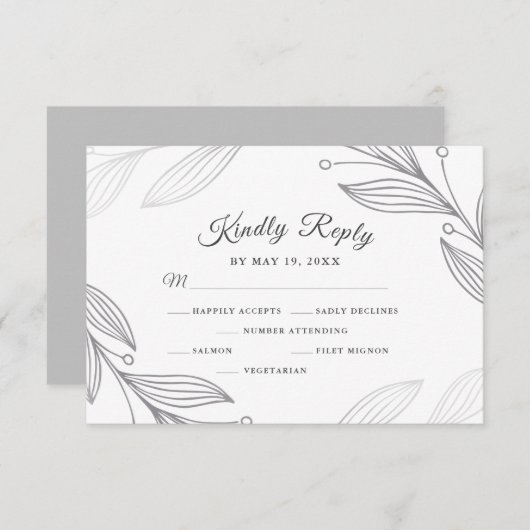 Elegante Silver Botanical Wedding Dinner Choice RSVP Karte (Vorne/Hinten)