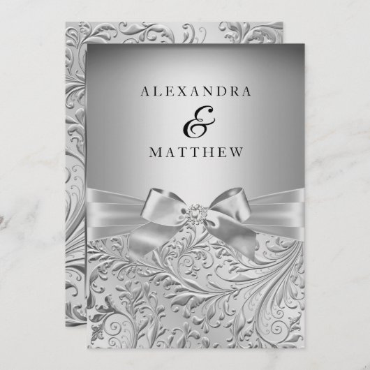 Elegante Silver Bow Silver Leaf Swirl Wedding Einladung (Vorne/Hinten)