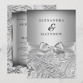 Elegante Silver Bow Silver Leaf Swirl Wedding Einladung