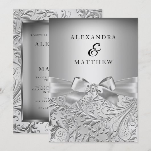 Elegante Silver Bow Silver Leaf Swirl Wedding Einladung (Vorne/Hinten)