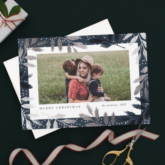 Elegante Silver Branches Foto Weihnachtskarten Magnetkarte