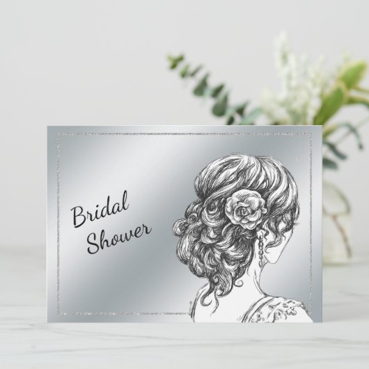 Elegante Silver Bridal Dusche Einladung (Stehend Vorderseite)