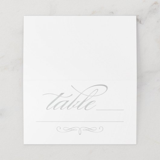 Elegante Silver Calligraphy Script Wedding Table Platzkarte (Außenseite Aufgefaltet)