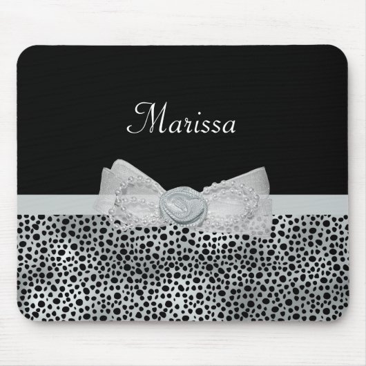 Elegante Silver Cheetah Print Frilly Bow mit Namen Mousepad (Vorne)