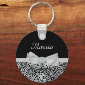 Elegante Silver Cheetah Print Frilly Bow mit Namen Schlüsselanhänger (Vorderseite)