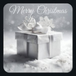 Elegante Silver Christmas Geschenkboxen mit Schnee Quadratischer Aufkleber<br><div class="desc">Erleben Sie den Zauber der Ferien mit diesem eleganten Design mit einer silbernen Geschenkboxen,  umgeben von glitzernden Schneeflocken. Darüber,  schimmernd silberne "Frohe Weihnachten" Text fügt eine festliche Touch,  feiern Sie die Saison mit zeitloser Eleganz und einem winterlichen Charme!</div>