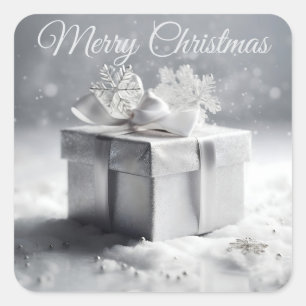 Elegante Silver Christmas Geschenkboxen mit Schnee Quadratischer Aufkleber