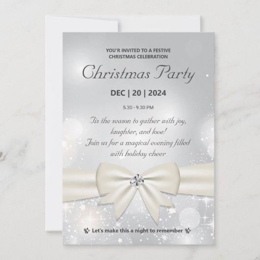 Elegante Silver Christmas Party Bow und Glitzern Einladung (Vorderseite)