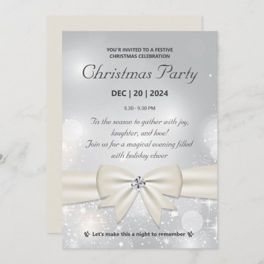 Elegante Silver Christmas Party Bow und Glitzern Einladung (Vorne/Hinten)