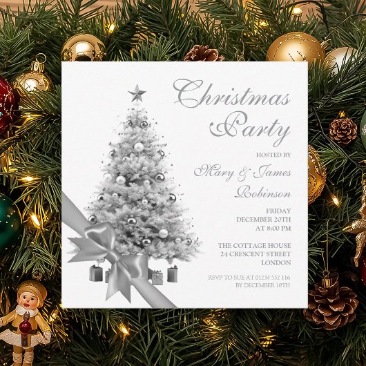 Elegante Silver Christmas Tree & Bow Holiday Party Einladung