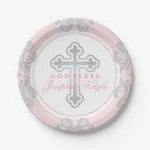 Elegante Silver Cross Pink Damask Baby Girl Baptis Pappteller (Vorderseite)