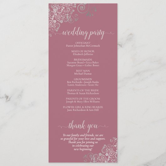 Elegante Silver Curls auf Dusty Rose Simple Weddin Programm (Rückseite)