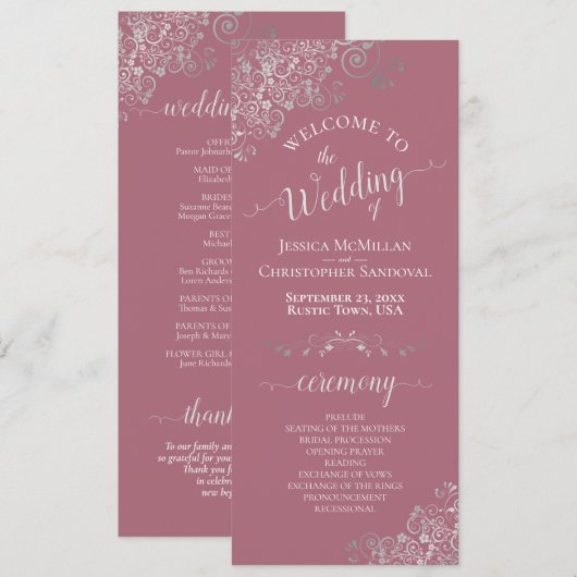 Elegante Silver Curls auf Dusty Rose Simple Weddin Programm (Vorne/Hinten)