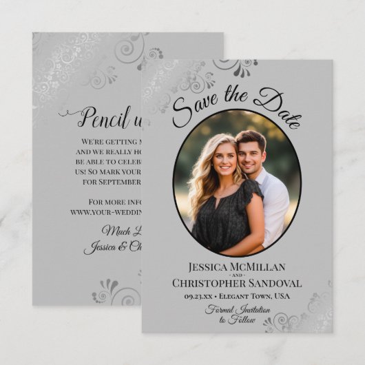 Elegante Silver Curls auf Gray Oval Foto Hochzeit Save The Date (Vorne/Hinten)