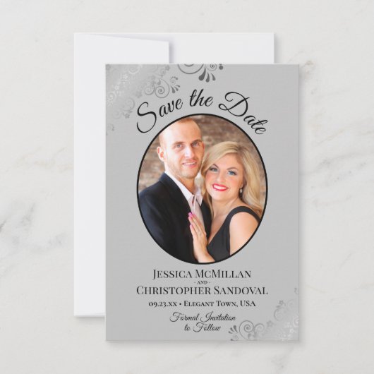Elegante Silver Curls auf Gray Oval Foto Hochzeit Save The Date (Vorderseite)