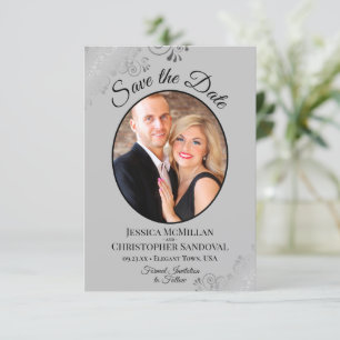 Elegante Silver Curls auf Gray Oval Foto Hochzeit Save The Date