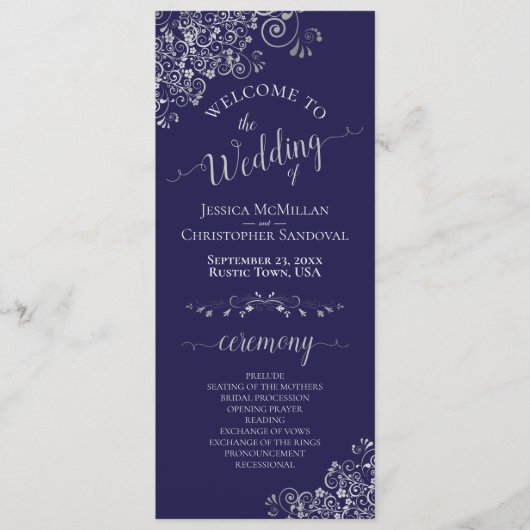 Elegante Silver Curls auf Navy Blue Simple Wedding Programm (Vorderseite)