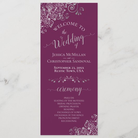 Elegante Silver Curls Cassis Lila Magenta Wedding Programm (Vorderseite)