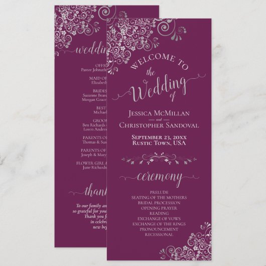 Elegante Silver Curls Cassis Lila Magenta Wedding Programm (Vorne/Hinten)