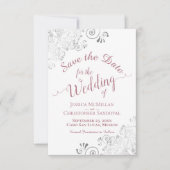 Elegante Silver Curls Dusty Rose auf White Wedding Save The Date (Vorderseite)