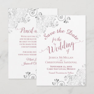 Elegante Silver Curls Dusty Rose auf White Wedding Save The Date
