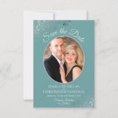 Elegante Silver Curls & Foto auf Aquamariner Hochz Save The Date (Vorderseite)