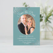 Elegante Silver Curls & Foto auf Aquamariner Hochz Save The Date (Stehend Vorderseite)