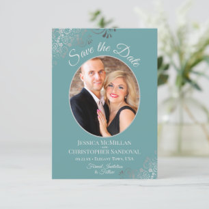 Elegante Silver Curls & Foto auf Aquamariner Hochz Save The Date
