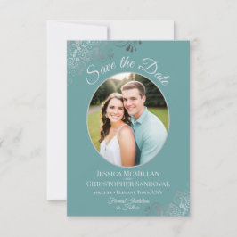 Elegante Silver Curls & Foto auf Aquamariner Hochz Save The Date