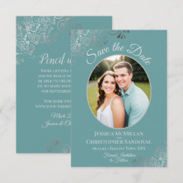 Elegante Silver Curls & Foto auf Aquamariner Hochz Save The Date