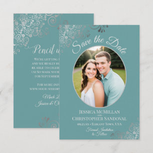 Elegante Silver Curls & Foto auf Aquamariner Hochz Save The Date
