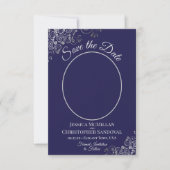 Elegante Silver Curls & Foto auf Blue Wedding Save The Date (Vorderseite)