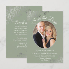 Elegante Silver Curls & Foto auf Sage Green Weddin Save The Date
