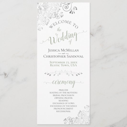Elegante Silver Curls Grün auf weißer Hochzeit Programm (Vorderseite)