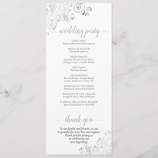 Elegante Silver Curls Grün auf weißer Hochzeit Programm (Rückseite)