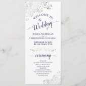 Elegante Silver Curls Navy Blue auf White Wedding Programm (Vorderseite)