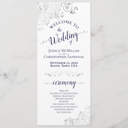 Elegante Silver Curls Navy Blue auf White Wedding Programm (Vorderseite)