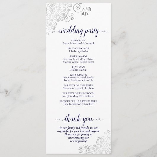 Elegante Silver Curls Navy Blue auf White Wedding Programm (Rückseite)
