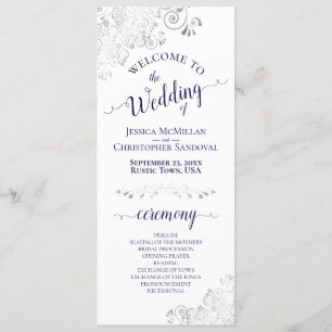 Elegante Silver Curls Navy Blue auf White Wedding Programm