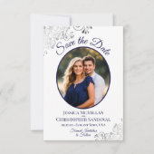 Elegante Silver Curls Navy Blue Foto White Wedding Save The Date (Vorderseite)