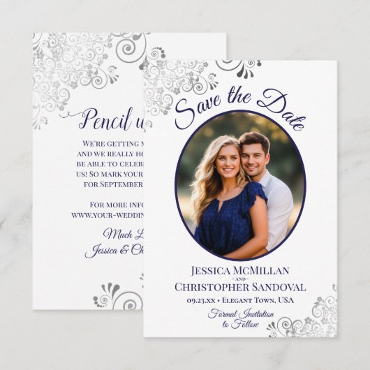 Elegante Silver Curls Navy Blue Foto White Wedding Save The Date (Vorne/Hinten)