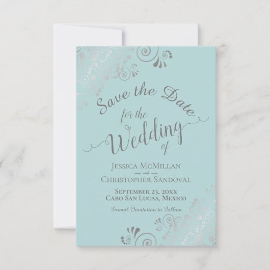 Elegante Silver Curls & Wirbel Mint Aquamarin Hoch Save The Date (Vorderseite)