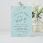 Elegante Silver Curls & Wirbel Mint Aquamarin Hoch Save The Date (Stehend Vorderseite)