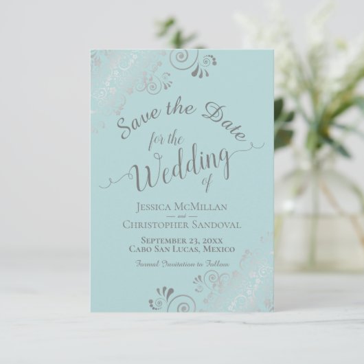 Elegante Silver Curls & Wirbel Mint Aquamarin Hoch Save The Date (Stehend Vorderseite)