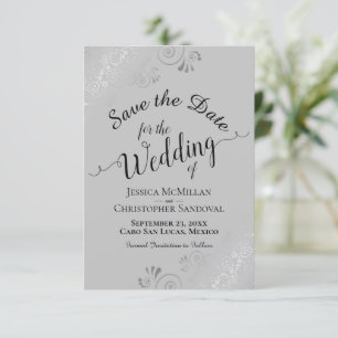 Elegante Silver Curly Wirbel Black on Gray Wedding Save The Date