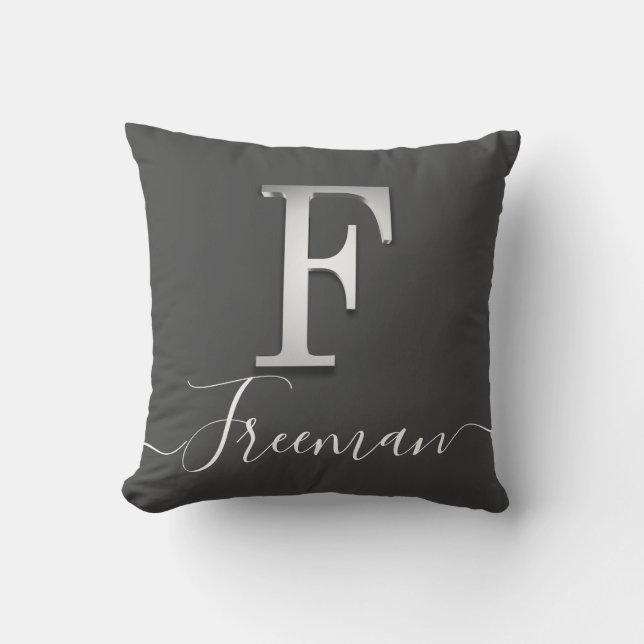 Elegante Silver Custom Monogram F Name Throw Pillo Kissen (Vorderseite)
